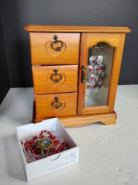 Vintage Wood Jewelry Box w/ Etched Floral Glass Door ~ 9”x 8"